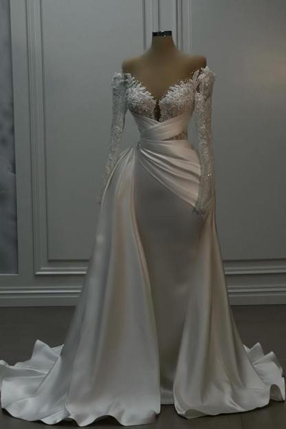Long sleeves White Shiny Court Train Prom Dresses
