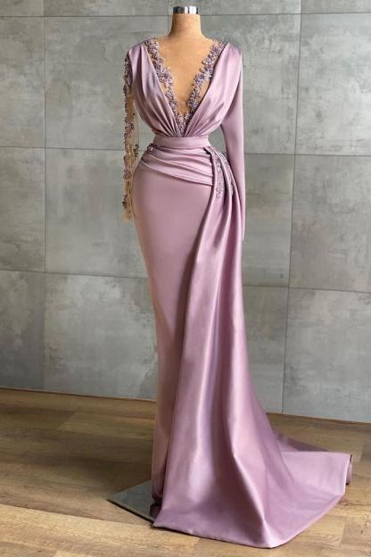 Charming Lilac Long Sleeves Mermaid Prom Dress Satin Deep V-Neck Evening Party Wear Gown with Side tail-Babyonlinewholesale