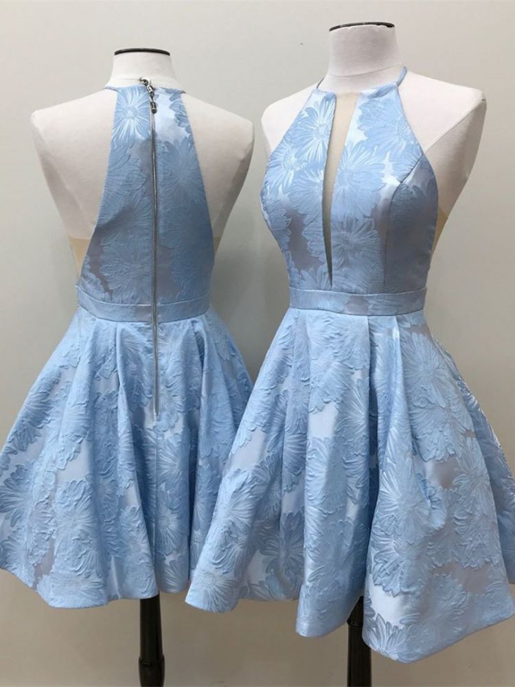 Deep-V-Neck Halter Appliques A-Line Sleeveless Homecoming Dress