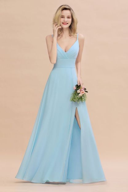 Simple Spaghetti Straps Chiffon Bridesmaid Dress Formal Dress with Side Slit