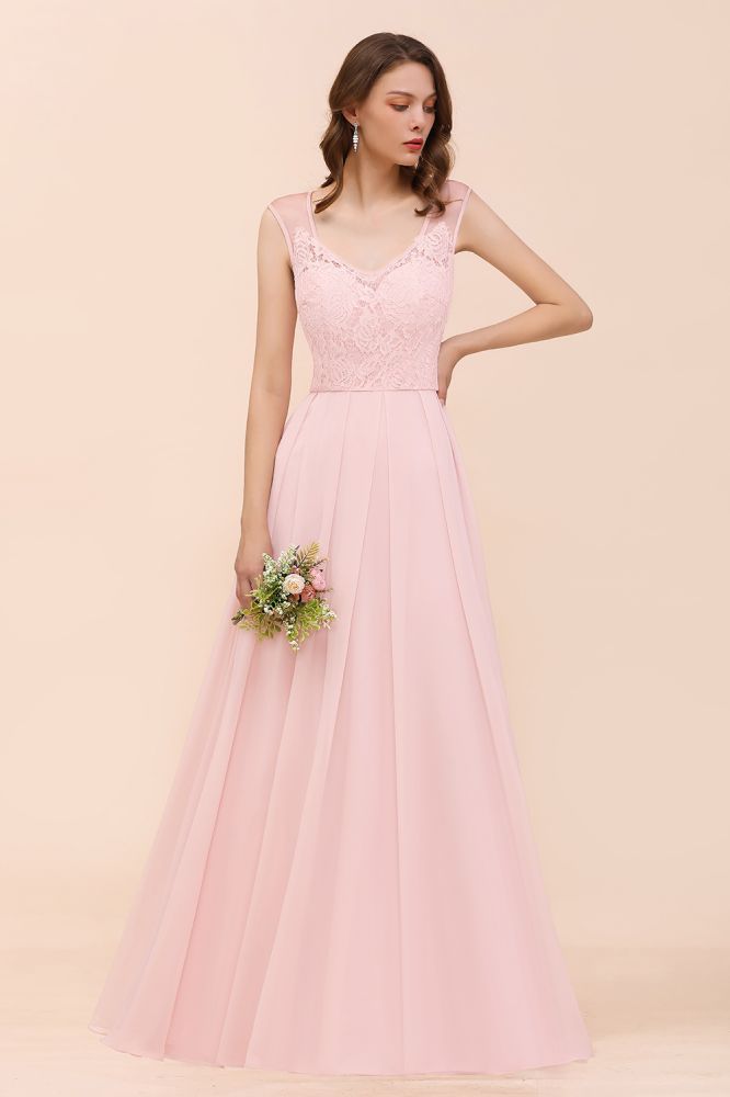 Romantic Sleeveless Lace Chiffon Wedding Guest Dress V-Neck Bridesmaid Dress