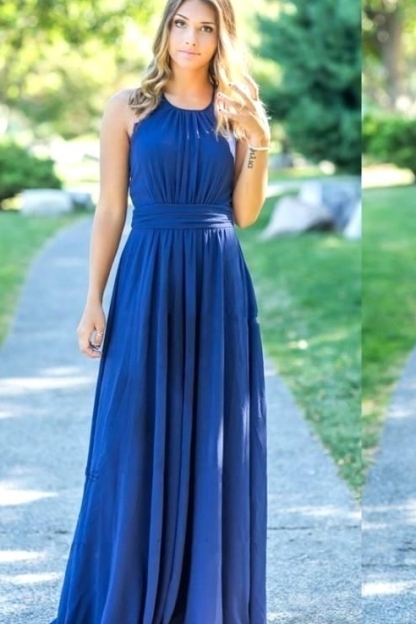 Ocean Blue Halter Chiffon Bridesmaid Dresses | A-line Open Back Floor-length Bridesmaid Dresses