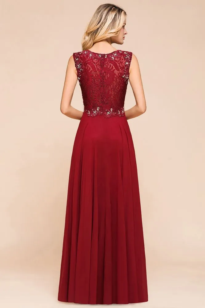 Arla | Trendy Round neck Beaded Burgundy Lace Bridesmaid Dress with Belt