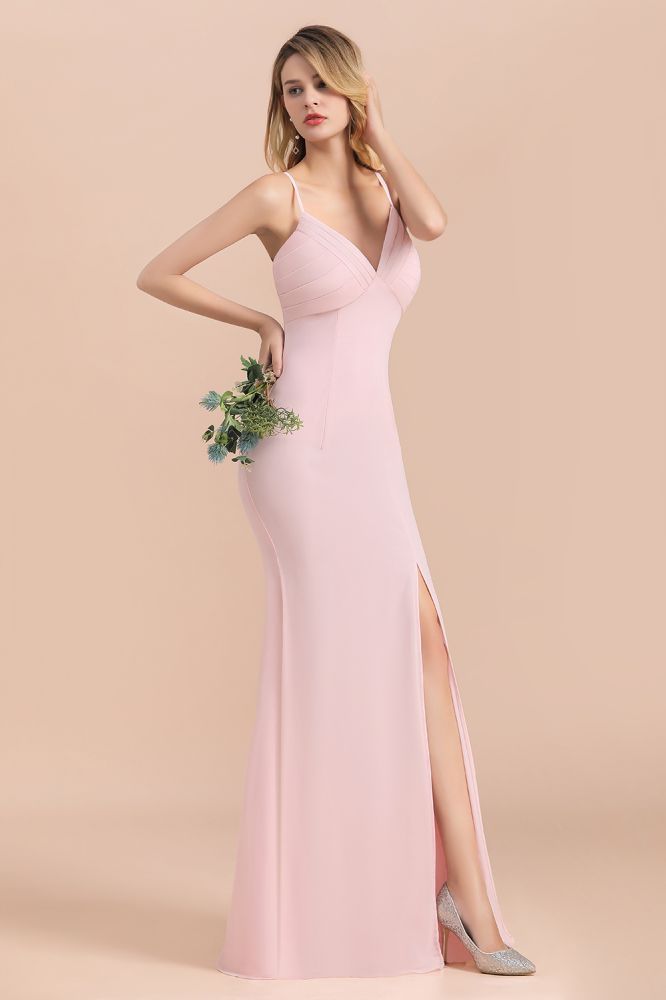 Pink V-Neck Sleeveless Mermaid Bridesmaid Dress Wedding Wear Dress with Side Slit