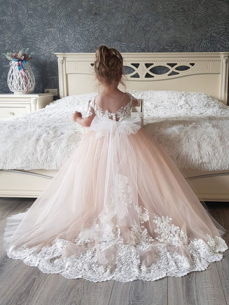 Short Sleeves Princess Flower Girl Dresses Floral Lace Appliques Blushing Pink Formal Dress for Girl