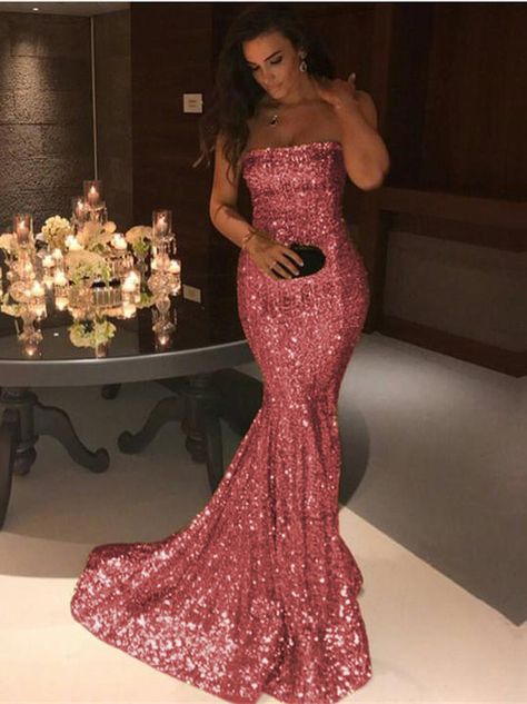 Sparkle Gold Sequins Mermaid Evening Gowns Sexy Strapless Prom Dresses FB0164