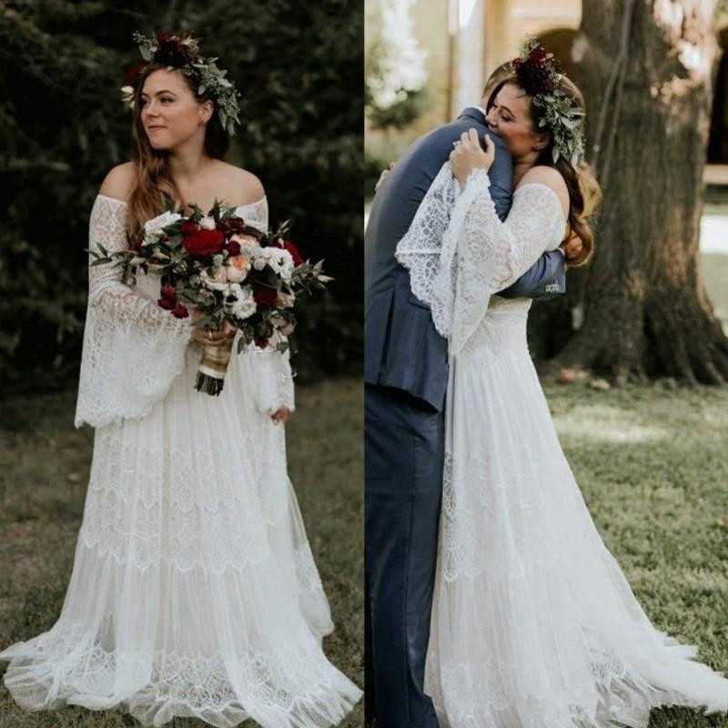 Long sleeves Boho Beach Garden Tulle White Loose Wedding Dress