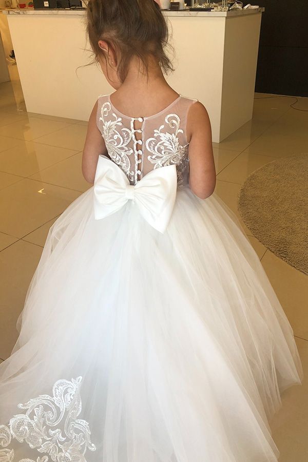 Cute White Ivory Tulle Little Girl Dress for Wedding Sleeveless Lace Appliques Flower Girl Dress