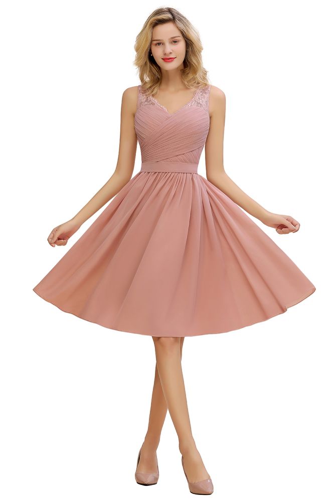 Lace V-neck Long Short Homecoming Dresses with Belt | Sexy Sleeveless V-back Pink Knee length Cocktail Dress-Babyonlinewholesale