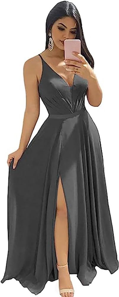 Modest Aline Bridesmaid Dresses V-Neck Slit Chiffon Wedding Guest Dress Sleeveless