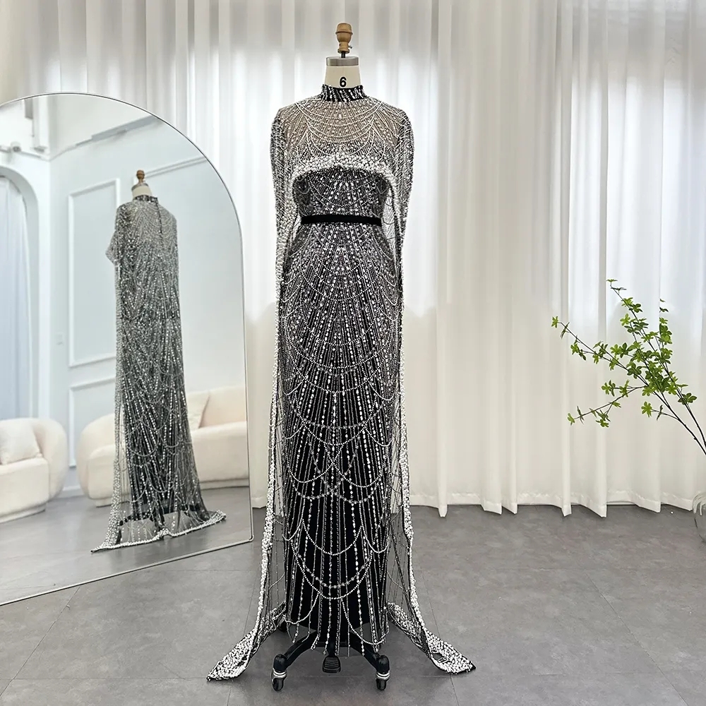 Luxury Pearls Dubai Mermaid Evening Dress with Cape Sleeves Seequined Floor Length Party Dress