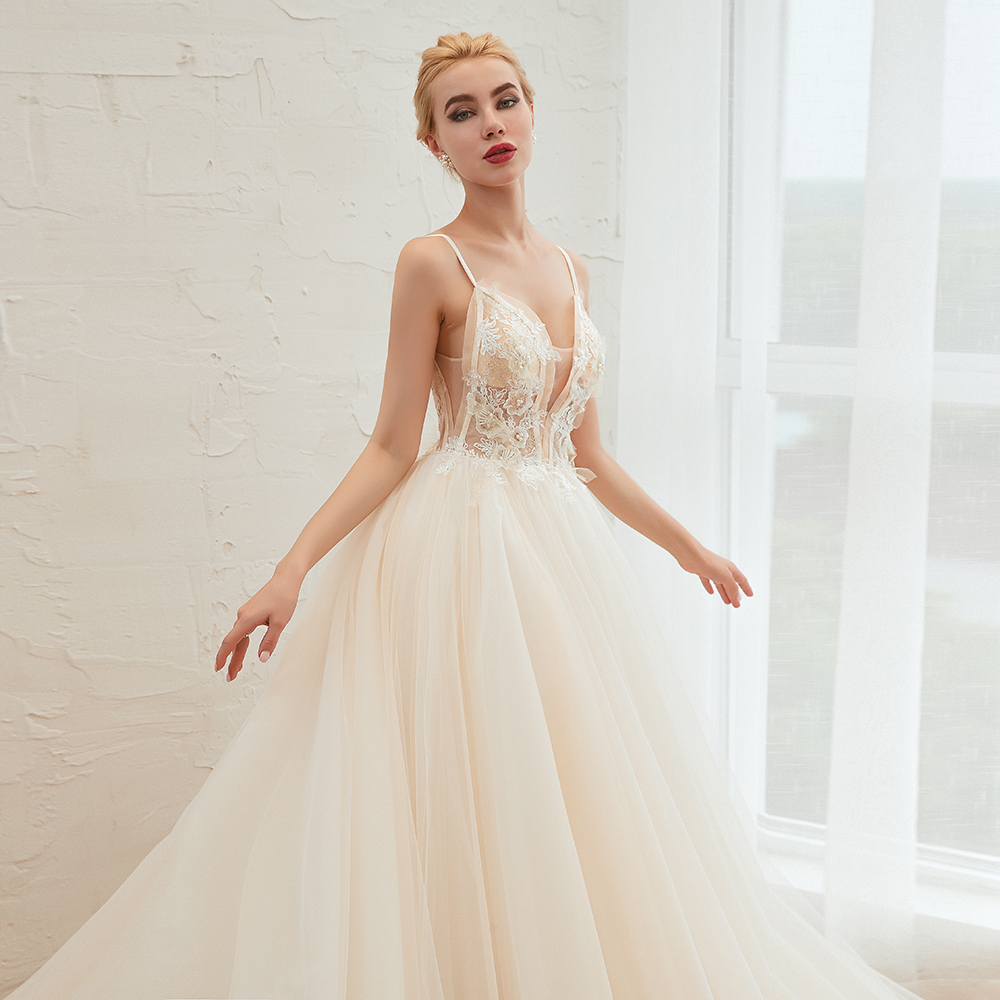 Boho Spaghetti Straps Ivory Ball Gown Wedding Dress | Romantic Bridal Gowns for Sale