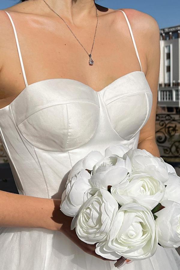 Spaghetti Straps White Aline Wedding Dress Ankle Length Tulle Garden Bridal Dress