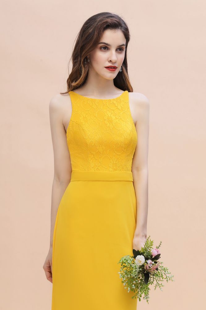 Bright Yellow Jewel Neck Mermaid Bridesmaid Dress Sleeveless Long Wedding Guest Dress