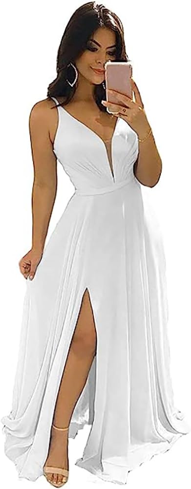 Modest Aline Bridesmaid Dresses V-Neck Slit Chiffon Wedding Guest Dress Sleeveless