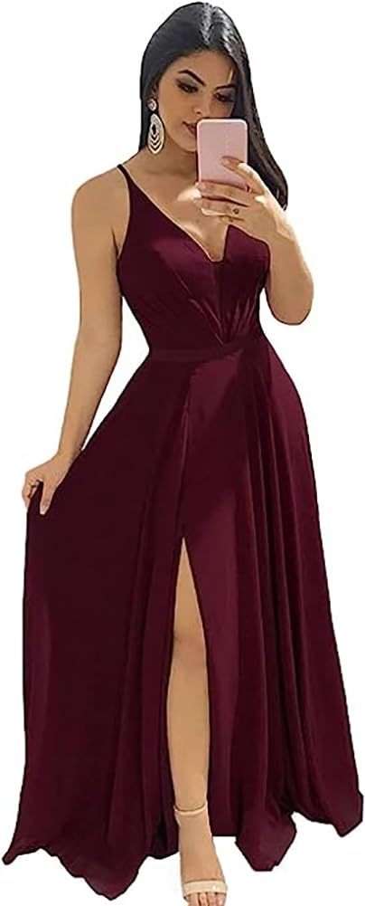 Modest Aline Bridesmaid Dresses V-Neck Slit Chiffon Wedding Guest Dress Sleeveless