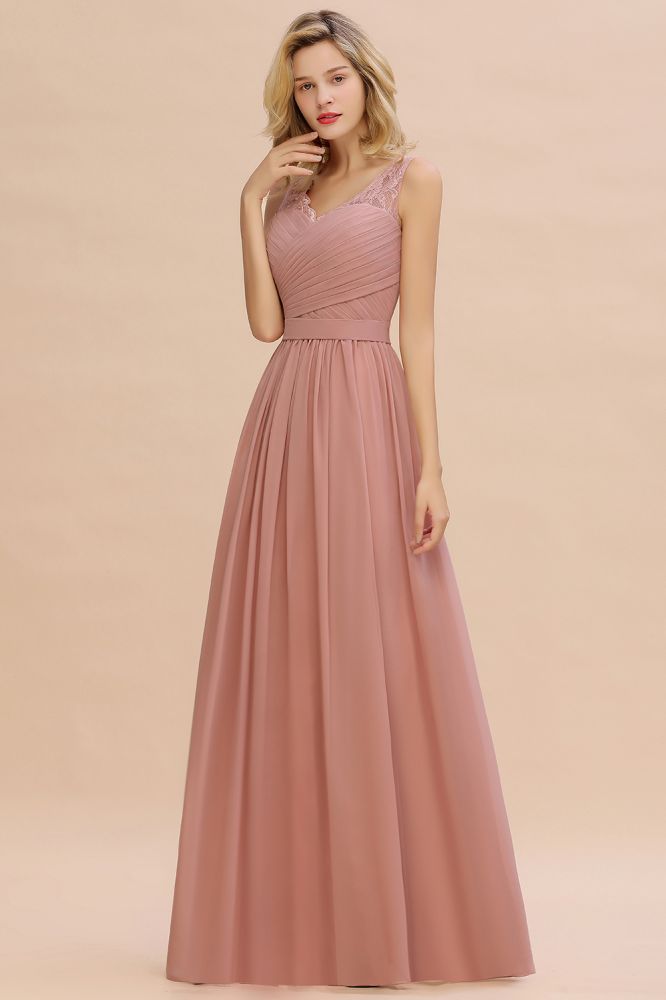 Beautiful V-neck Long Evening Dresses with soft Pleats | Sexy Sleeveless V-back Dusty Pink Womens Dress for Prom-Babyonlinewholesale
