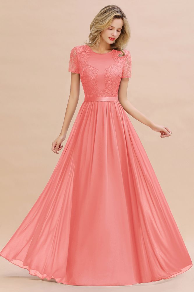 Retro Chiffon Lace Scoop Short-Sleeves Online Bridesmaid Dress