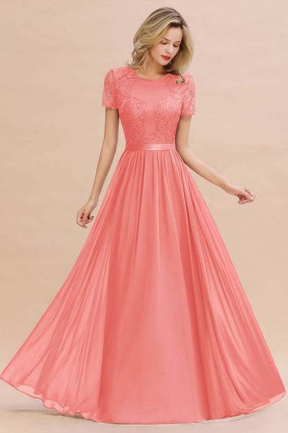 Retro Chiffon Lace Scoop Short-Sleeves Online Bridesmaid Dress