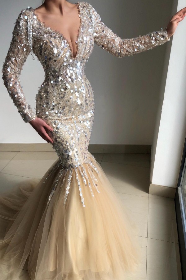 Long sleeves v-neck mermaid tulle champange prom dress