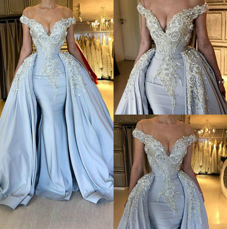 Elegant Sky Blue Mermaid Off the shoulder Prom Dresses | Sweetheart Discount Overskirt Evening Dresses Online-Babyonlinewholesale
