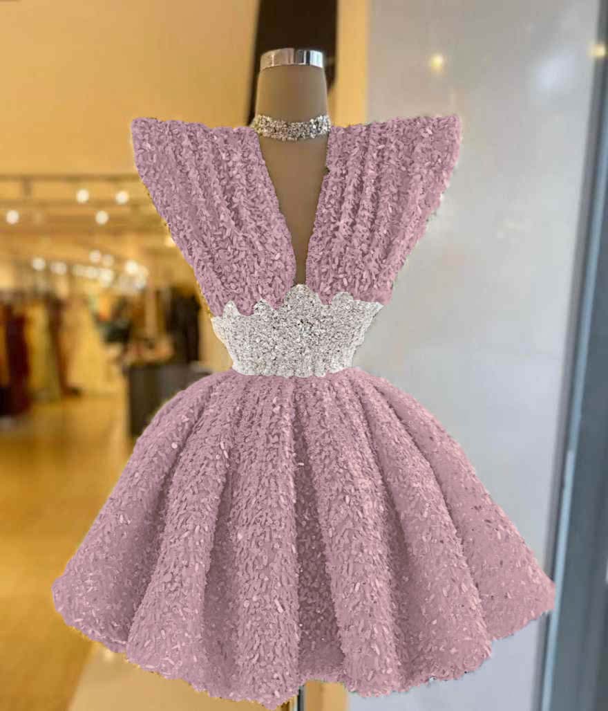 V Neck Sleeveless A Line Short Prom Dress With Pleated Sequins