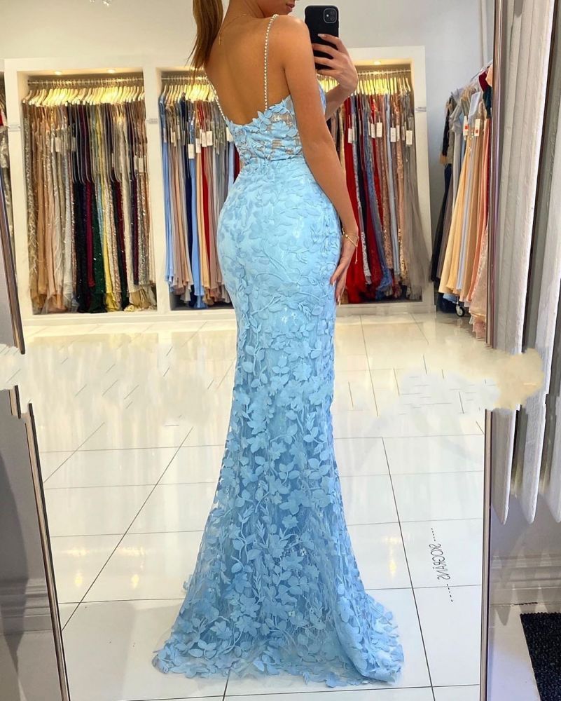 V-neck Sky Blue High Split Special Lace Design Evening Dress