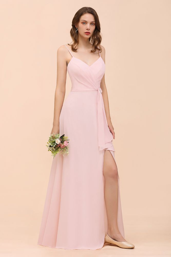 Spaghetti Straps Pink Chiffon Wedding Party Dress Sleeveless Long Bridesmaid Dress