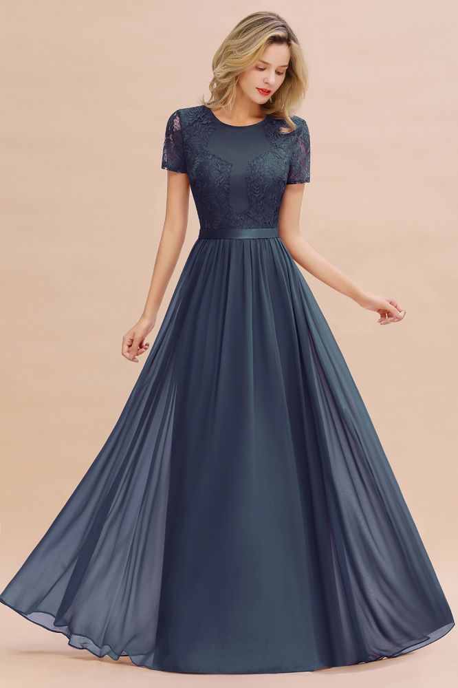 Retro Chiffon Lace Scoop Short-Sleeves Online Bridesmaid Dress