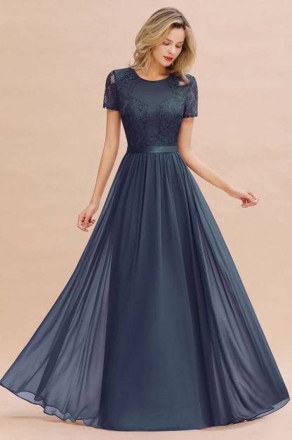 Retro Chiffon Lace Scoop Short-Sleeves Online Bridesmaid Dress