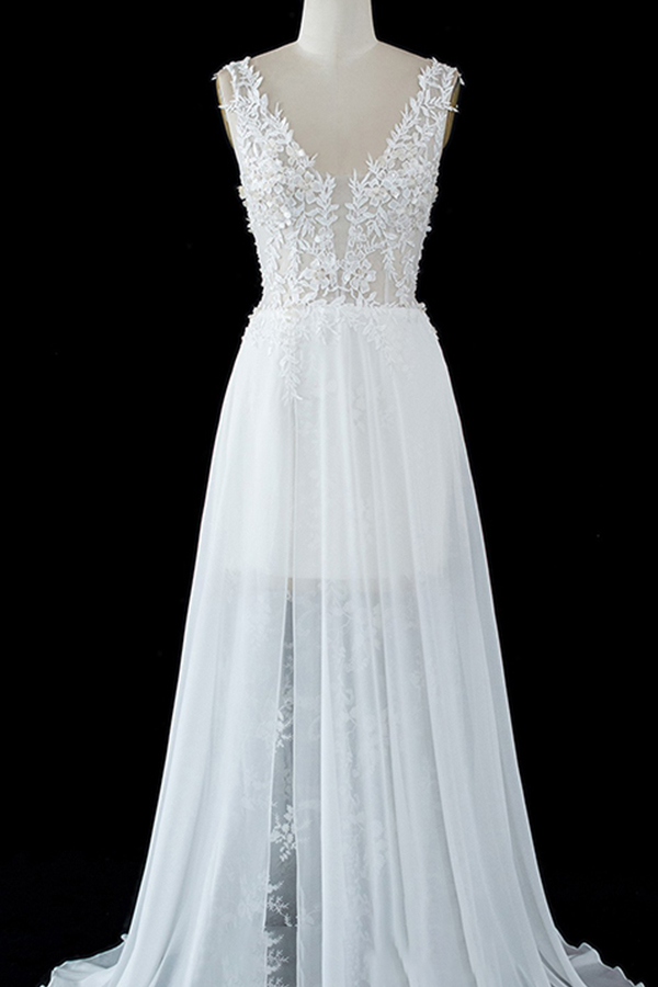 V-neck Lace Sleeveless White Chiffon Wedding Dresses