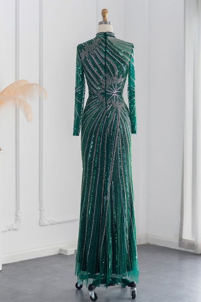 Elegant High Neck Long Sleeves Beading Mermaid Evening Gowns with Crystals Sash