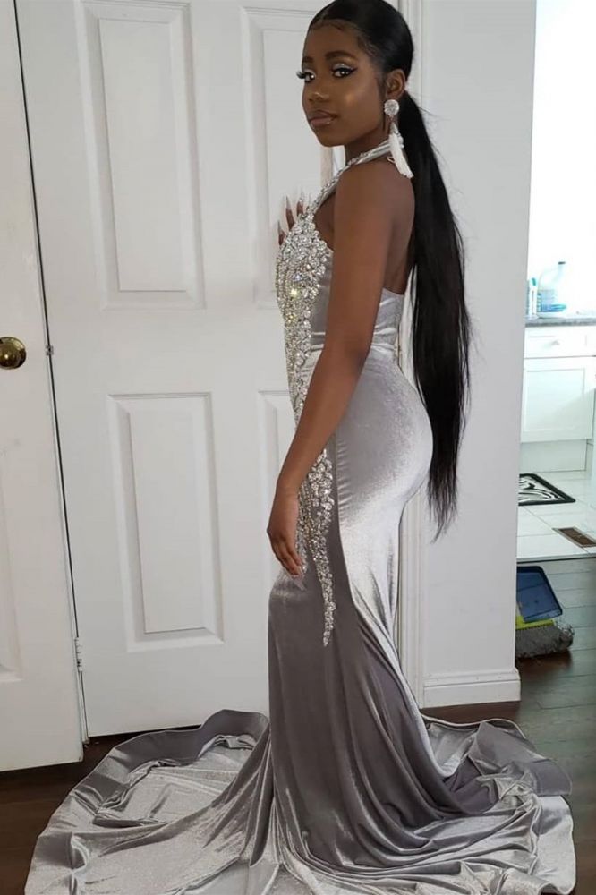 Halter Sparkle Crystal Sliver Prom Dresses | Fit and Flare Alluring Backless Evening Gowns