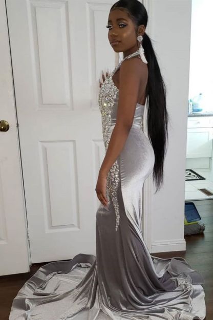 Halter Sparkle Crystal Sliver Prom Dresses | Fit and Flare Alluring Backless Evening Gowns