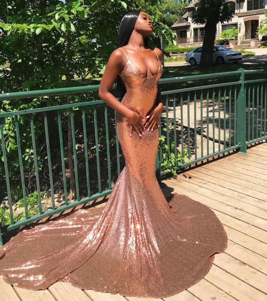 Sexy Spaghetti Sequins Mermaid Prom Dress Sparkly V-Neck evening Wear