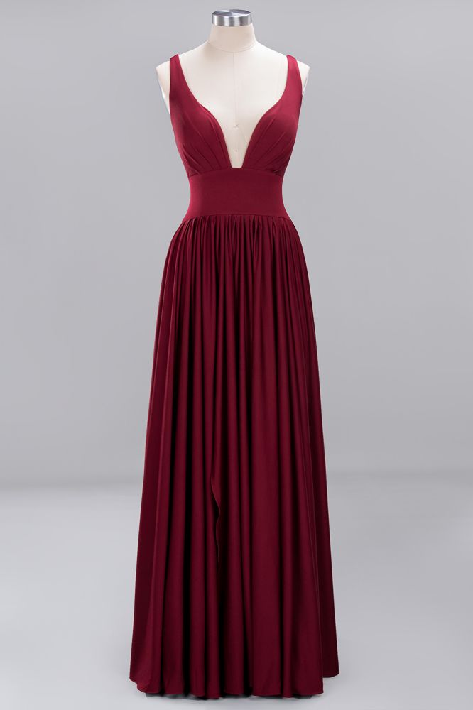 A-Line Jersey V-Neck Sleeveless Long Bridesmaid with Ruffles