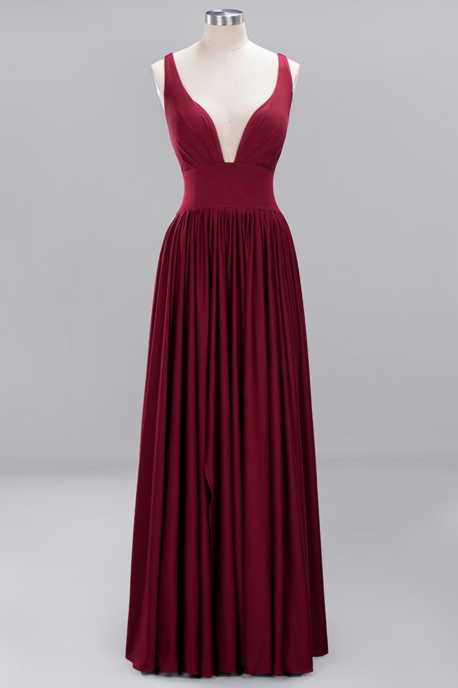 A-Line Jersey V-Neck Sleeveless Long Bridesmaid with Ruffles