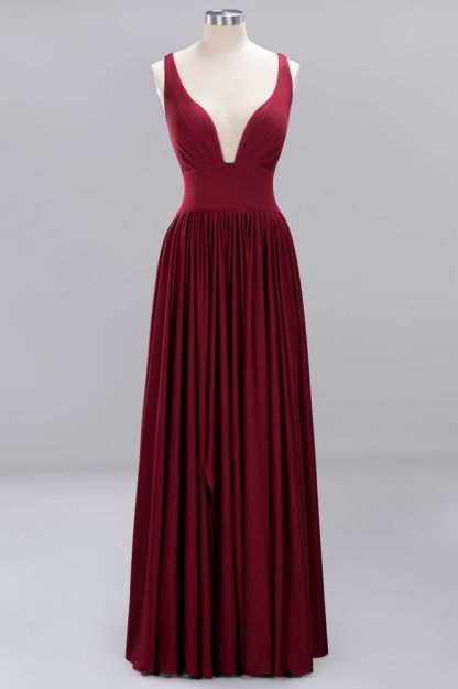 A-Line Jersey V-Neck Sleeveless Long Bridesmaid with Ruffles