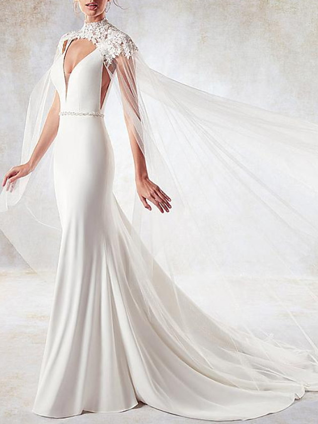V-neck Cap sleeves White Mermaid Court Train Wedding Dresses