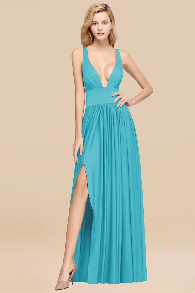 A-Line Jersey V-Neck Sleeveless Long Bridesmaid with Ruffles