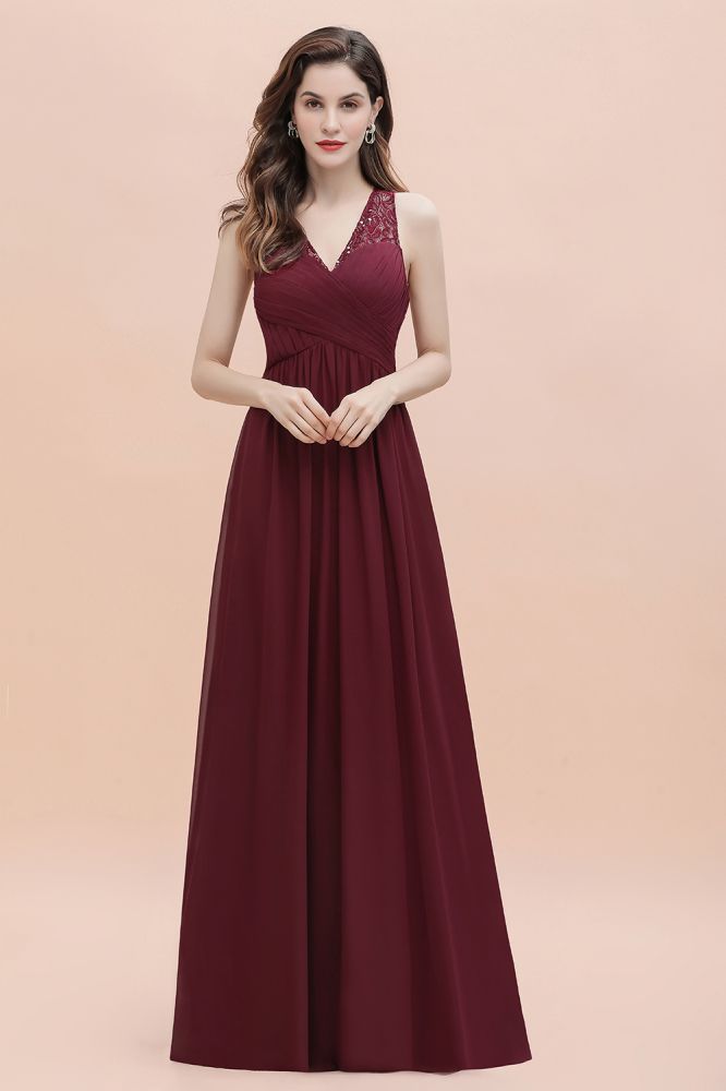 V-Neck A-line Chiffon Evening Maxi Dress Sleeveless Bridesmaid Wedding Guest Dress