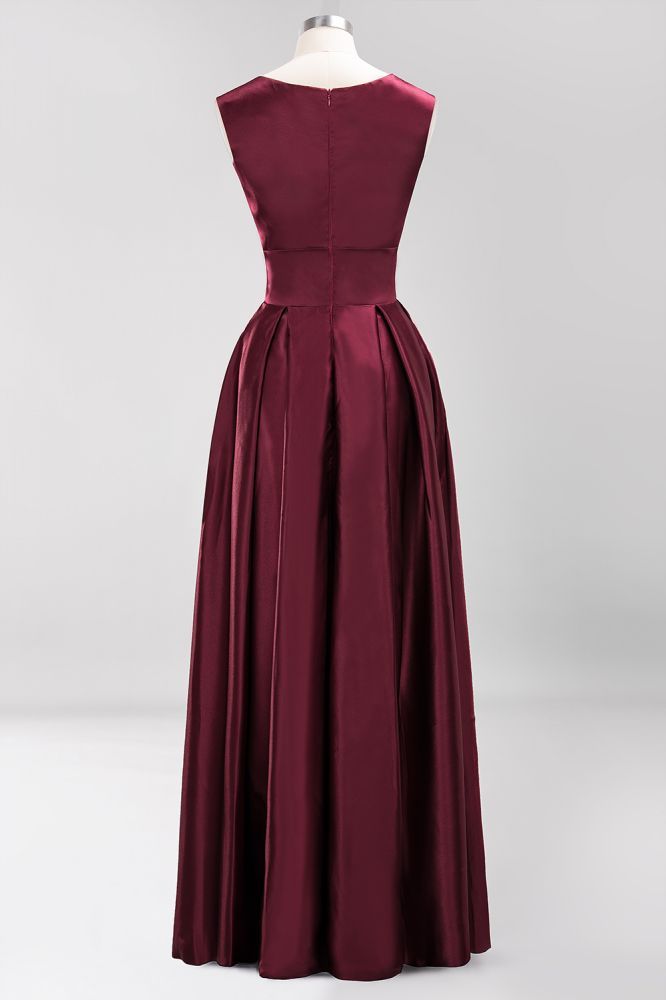 A-line Satin Deep-V-Neck Sleeveless Ruffles Floor-length Bridesmaid Dress