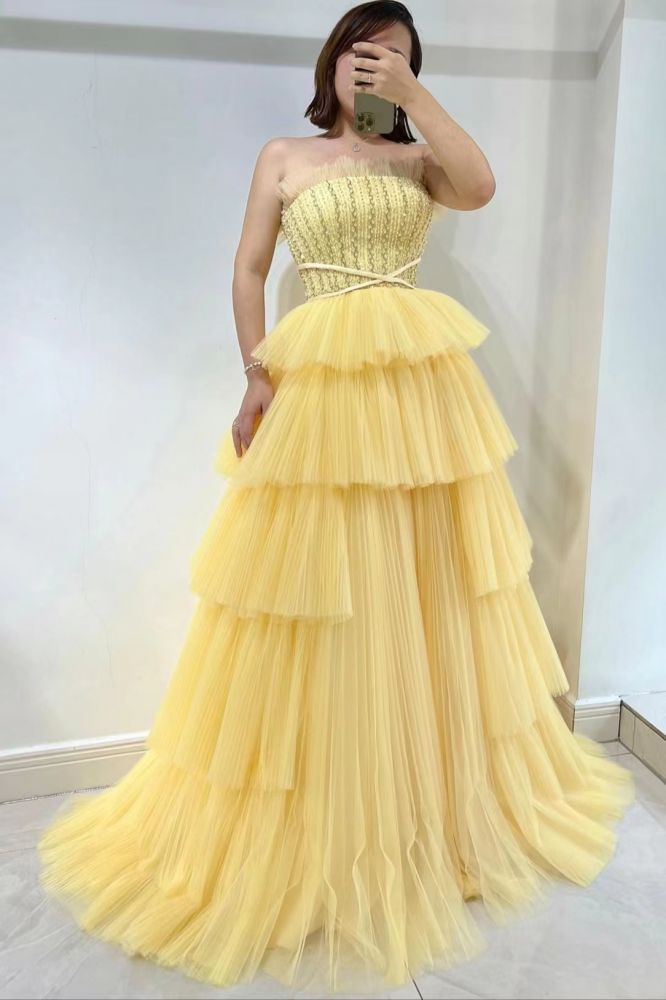 Ruffles Yellow Strapless Beaded Prom Dresses