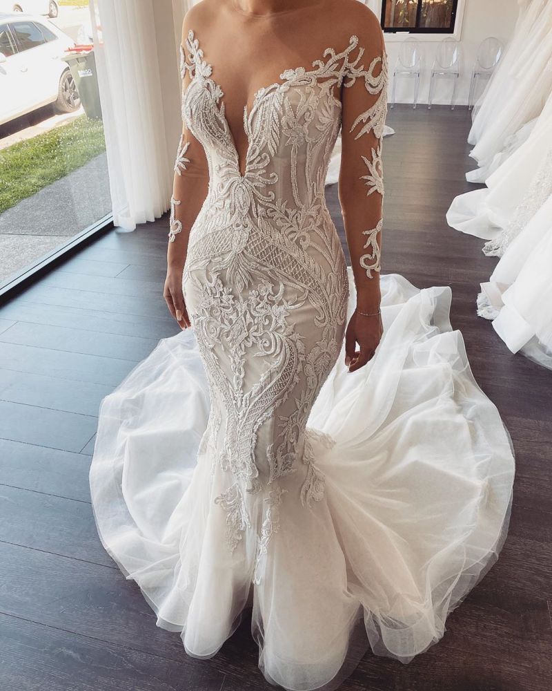 Long sleeves V-neck Lace Mermaid white Wedding Dresses Online