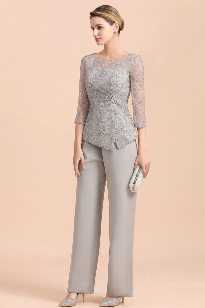 Elegant 3/4 Sleeves Silver Jumpt Suit Wedding Wear for Mother of the Bride