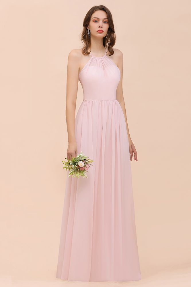 Dreamful Pink Halter Chiffon Evening MAxi Dress Sleeveless Bridesmaid Dress