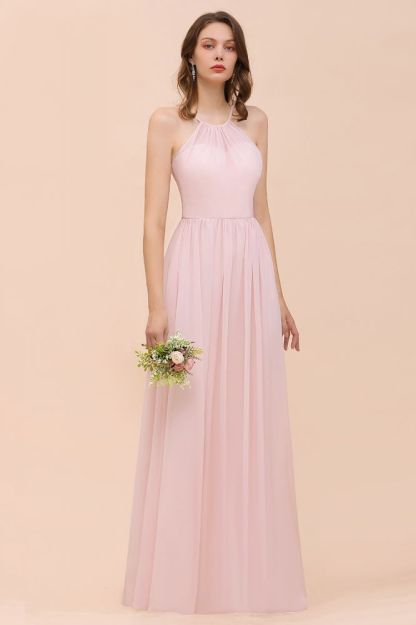 Dreamful Pink Halter Chiffon Evening MAxi Dress Sleeveless Bridesmaid Dress