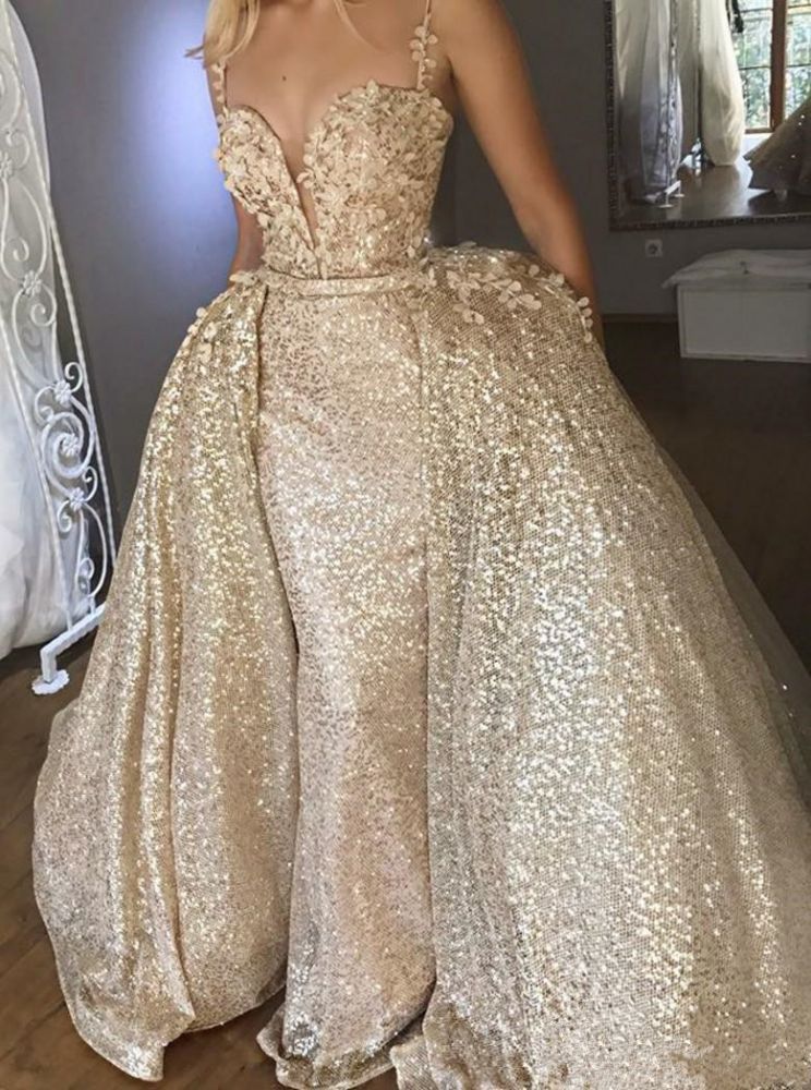 Shiny Sequins V Neck Spaghetti Straps Appliqued Prom Dresses With Detachable Skirt | Champagne Evening Gowns-Babyonlinewholesale