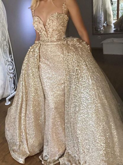 Shiny Sequins V Neck Spaghetti Straps Appliqued Prom Dresses With Detachable Skirt | Champagne Evening Gowns-Babyonlinewholesale