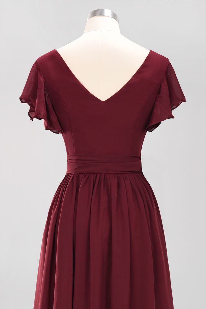elegant A-line Chiffon V-Neck Short-Sleeves Floor-Length Bridesmaid Dresses with Bow Sash